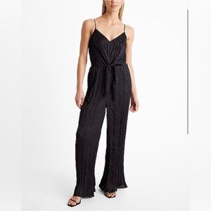 NWT Express Crinkle Satin V-Neck Sleeveless Tie Front Wide Leg Jumpsuit